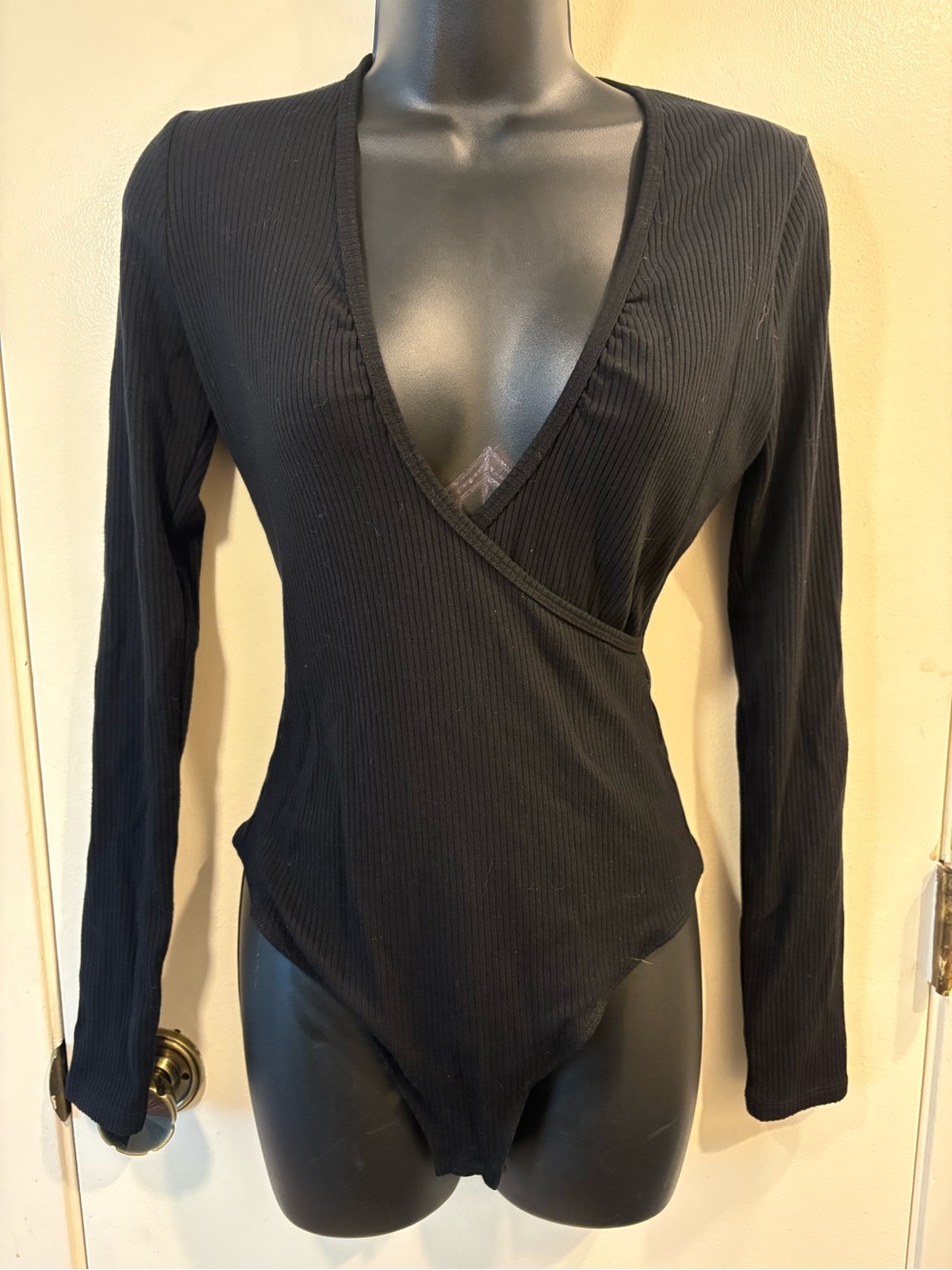 Reformation Bodysuit Womens Medium Black Ribbed Wrap Long Sleeve
